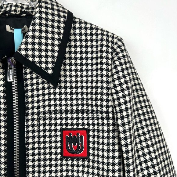 Miu Miu Womens Black & White Gingham Wool Jacket With Red Logo Patch Zip Front M - Picture 3 of 8